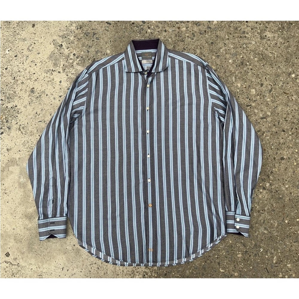 TD Thomas Dean Button Up Purple Checkered  Striped Mens Cuff Shirt Blue L